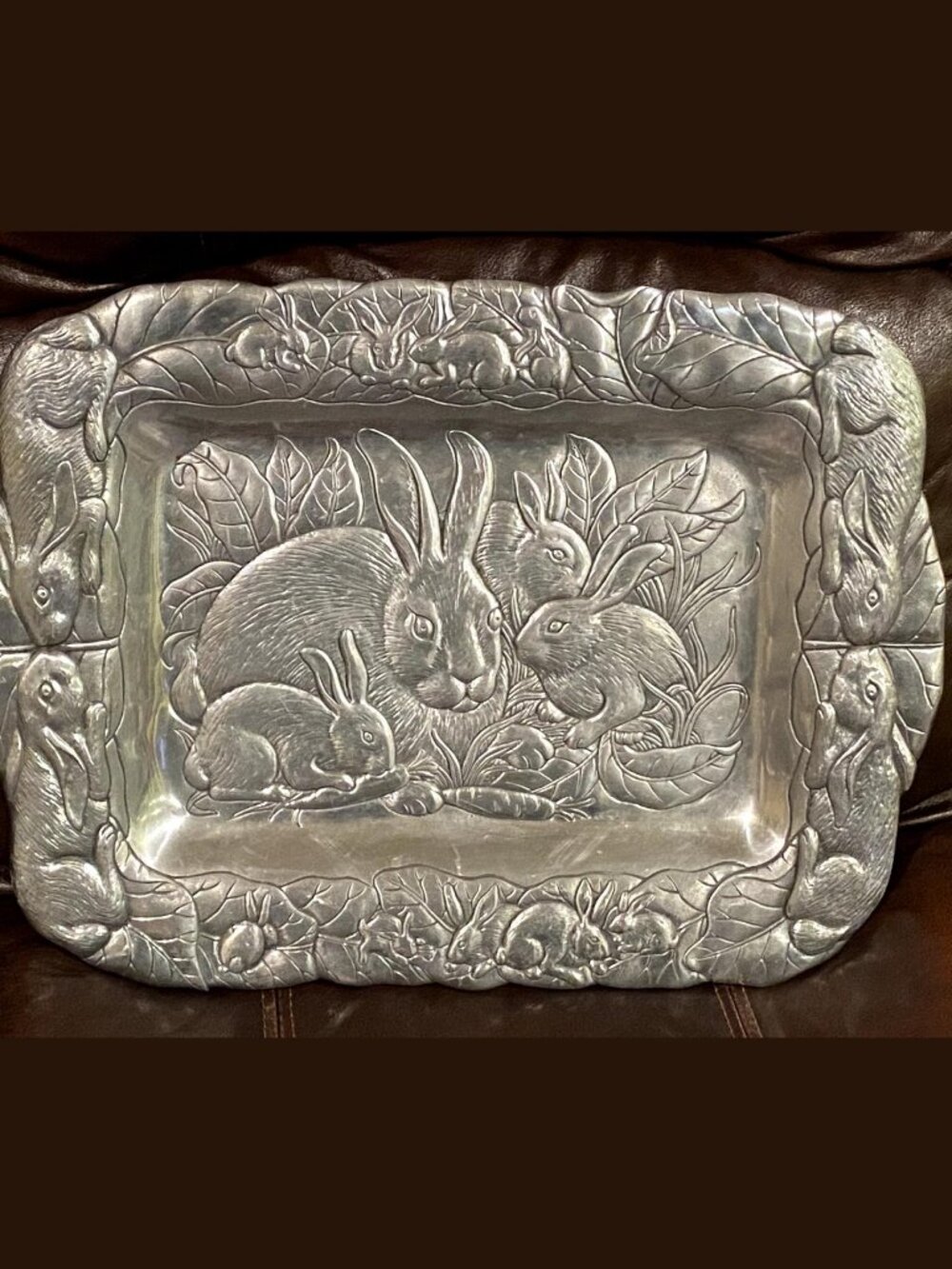 1990s Arthur Court Bunny Rabbit Tray Polished Aluminum Oblong Serving Tray